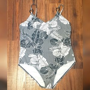 Kona Sol Tropical Floral Print One Piece Swimsuit Green White